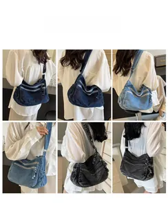 Collage of different denim crossbody bags showing multiple zipper layers and colors