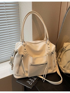 Retro cream white large capacity tote bag with lychee grain leather and multi-zipper detail