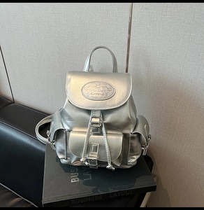 Detail of silver metallic backpack with drawstring closure and functional buckled side pockets