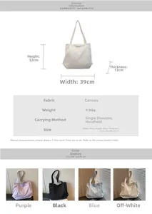 Detailed size chart and specifications for the large canvas tote bag showing dimensions