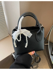 Women Mini Handbag Lychee Texture PU Leather Crossbody Bag With Ribbon Bow Artificial Pearl Pendant Elegant Top Handle Purse For Ladies