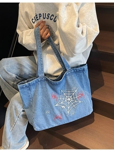 Retro gothic denim tote bag featuring spider web embroidery and large capacity for women