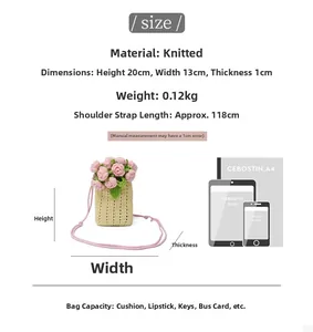 Size guide for knit floral bucket bag showing 20x13x1cm dimensions and capacity details
