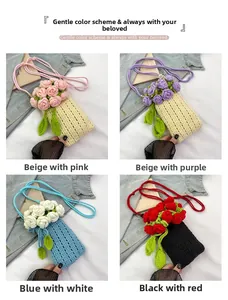 Detailed view of four handmade crochet flower bucket bags in various color combinations
