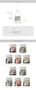 Detailed sizing chart and color swatches for lace bucket bag with floral embroidery