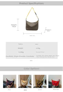 Detailed size specifications and color variants for nylon crossbody crescent bag