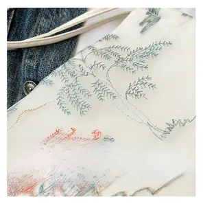 Detail of high-precision traditional Chinese landscape embroidery on white mesh handbag