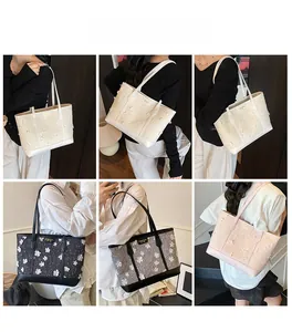 Detail views showing multiple colors of 3D flower tweed tote bags on models in a grid