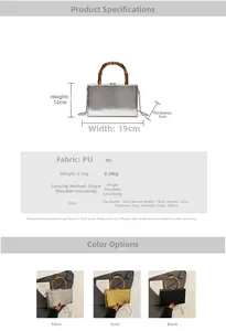 Detailed size chart for metallic PU square handbags with bamboo handle and chain straps
