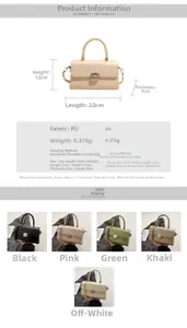 Detail view of structured PU leather handbag showing size dimensions and multi-color options