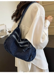 Large capacity dark blue denim tote bag with functional zippers for daily casual wear