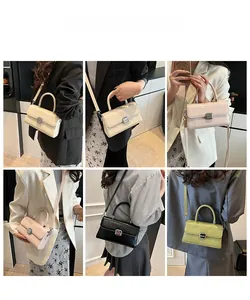 Multiple views of trendy crossbody bags in various colors with metal buckles
