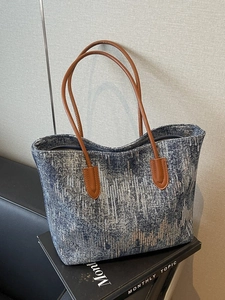 Women Denim Sequin Tote Bag Large Capacity Wave Pattern Shoulder Bag Casual Commuter Fashion Vintage Style Handbag