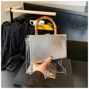 Detail of silver rectangular crossbody bag featuring vintage bamboo handle and chain