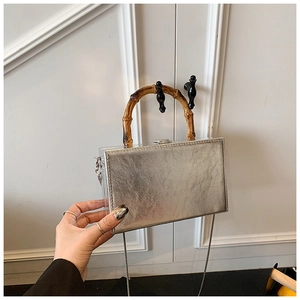Detail of metallic silver square bag with retro bamboo handle and fine metal chain strap