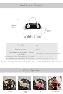 Detailed technical diagram showing PU baguette bag dimensions and four available colors