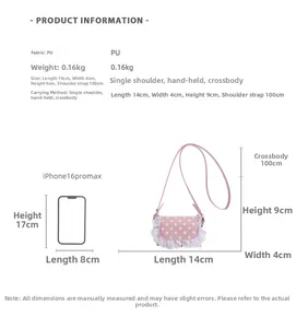 Detail view of pink polka dot lace bag with precise dimensions showing 14cm length