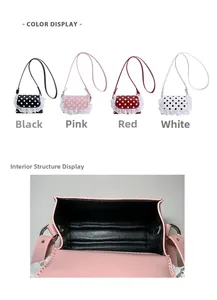 Internal view of pink polka dot lace bag showing single main compartment and lining