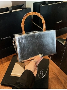 Women Vintage Bamboo Handle Box Bag Metallic Wrinkled PU Leather Crossbody Shoulder Bag With Metal Chain Party Evening Bag