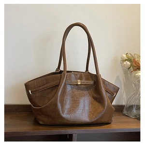 Detail van de bruine krokodillenreliëf en gouden gesp op een retro stijlvolle tote bag