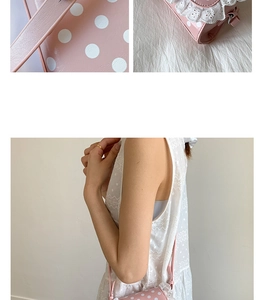 Close-up of pink polka dot bag material and lace trim detail with lifestyle model shot
