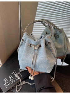 Fashion Denim Rhinestone Bucket Bag For Women Niche Design Butterfly Artificial Pearl Pendant Crossbody Shoulder Bag With Chain Strap