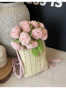 Sac Seau à Roses au Crochet Fait à la Main pour Femmes Style Pastoral Tricoté à Cordon Petit Sac à Bandoulière Doux Sac à Épaule Tissé