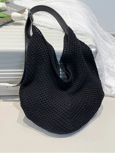 Black hollow-out knit hobo shoulder bag for summer beach vacation with leather strap