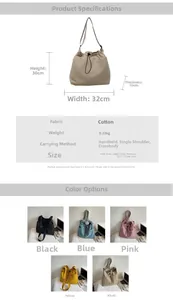 Detailed size and weight specs for the canvas drawstring bucket bag with color options