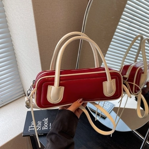 Retro red and white baguette bag with adjustable shoulder strap for women's daily commute