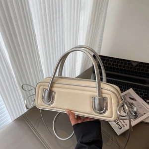 Fashionable cream white rectangle baguette bag with silver trim and crossbody strap
