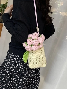 Exquisite handmade knit bucket bag in 3D pink rose floral design for women
