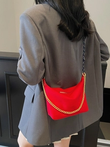 Women nylon chain crossbody crescent bag with thick gold chain and braided shoulder strap