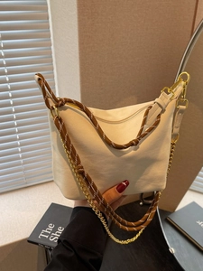 Chic beige nylon hobo bag for women with woven rope strap and gold chain detail