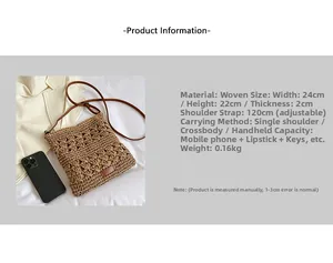 Detailed view of woven texture and adjustable leather strap on brown crossbody bag