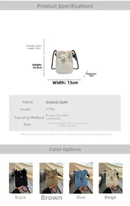Size chart for compact oxford cloth drawstring crossbody bag with multi-color options