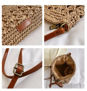 Detail shots of handwoven straw crossbody bag with adjustable brown leather strap and inner lining