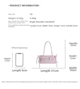 Detailed size comparison of pink PU shoulder bag with heart charm and iPhone 16 Pro Max