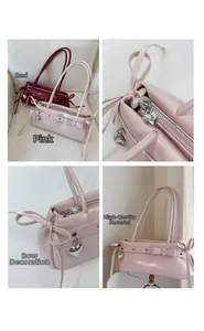 Detail view of pink and red shoulder bags featuring bow accents and heart zippers