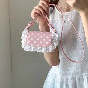 Sweet Polka Dot Lace Edge Mini Crossbody Bag PU Leather Girls Kids Small Shoulder Purse Daily Casual Fashion Bag