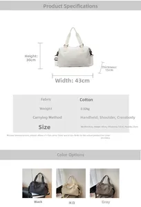 Detailed size specifications and color comparison for large canvas tote travel bag