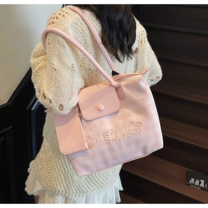 Pink plaid tote bag with cute animal embroidery and matching mini accessory pouch