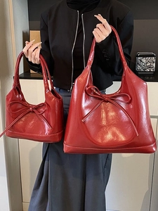 Elegant red PU leather tote bags with bow decoration in large and small sizes