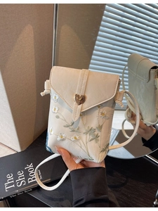 Sac pour téléphone en toile brodée pour femme avec boucle cœur et bandoulière réglable