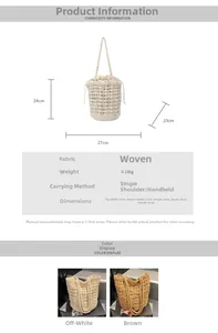Detailed view of handmade woven straw bucket bag showing texture and size specifications