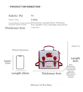 Tabella taglie dello zaino mini a scacchi blu con confronto dimensioni iPhone 16 Pro Max