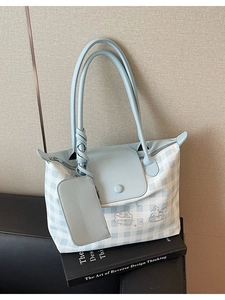 Women Korean Style PU Leather Grid Tote Bag With Cartoon Embroidery Large Capacity Shoulder Bag With Matching Pouch