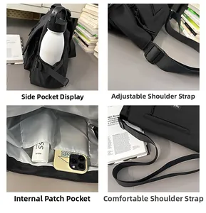 Detail view of black nylon messenger bag with side water bottle pocket and adjustable strap