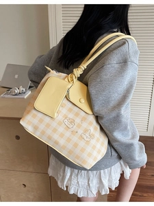 Chic yellow checkered large tote bag with cute animal patterns and matching small pouch