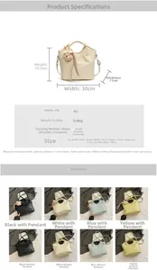 Detailed size chart and specifications for large capacity PU leather bucket bag with strap
